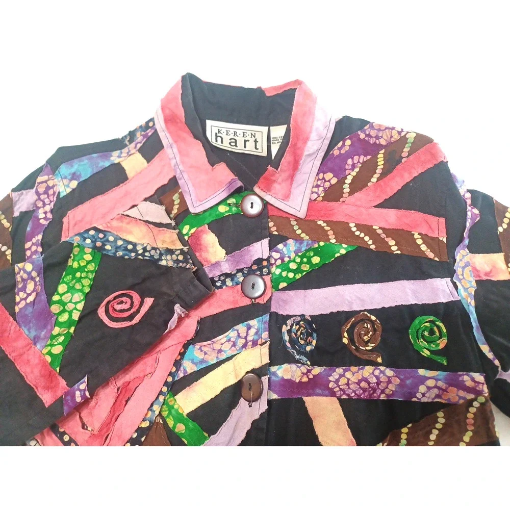 Keren Hart VTG Women's Rag Patch Button Jacket Blazer Sz S Boho Hippie *READ